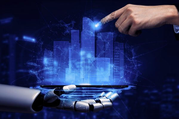 3D rendering artificial intelligence AI research of robot and cyborg development for future of people living. Digital data mining and machine learning technology design for computer brain.